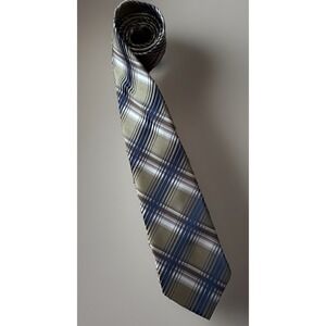 Laurant Bennet Milano Neckwear Tie Gold Blue Plaid Pattern Polyester JBHS